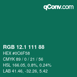 カラーコード: RGB 12.1 111 88 | qconv.com
