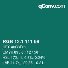 カラーコード: RGB 12.1 111 98 | qconv.com