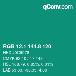 カラーコード: RGB 12.1 144.8 120 | qconv.com