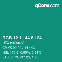 カラーコード: RGB 12.1 144.8 124 | qconv.com