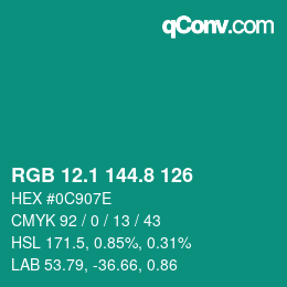 カラーコード: RGB 12.1 144.8 126 | qconv.com