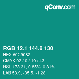 カラーコード: RGB 12.1 144.8 130 | qconv.com