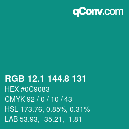 カラーコード: RGB 12.1 144.8 131 | qconv.com