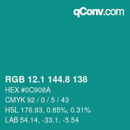 カラーコード: RGB 12.1 144.8 138 | qconv.com