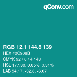 カラーコード: RGB 12.1 144.8 139 | qconv.com
