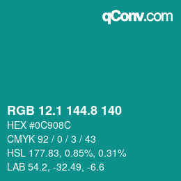 カラーコード: RGB 12.1 144.8 140 | qconv.com