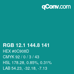 Color code: RGB 12.1 144.8 141 | qconv.com