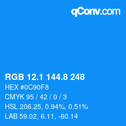 カラーコード: RGB 12.1 144.8 248 | qconv.com
