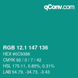 カラーコード: RGB 12.1 147 136 | qconv.com