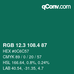 カラーコード: RGB 12.3 108.4 87 | qconv.com