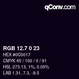 カラーコード: RGB 12.7 0 23 | qconv.com