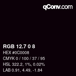 カラーコード: RGB 12.7 0 8 | qconv.com