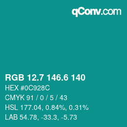 カラーコード: RGB 12.7 146.6 140 | qconv.com
