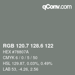 カラーコード: RGB 120.7 128.6 122 | qconv.com