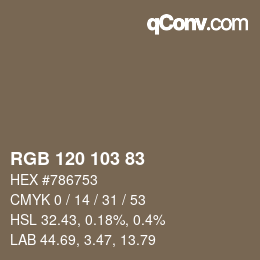 Color code: RGB 120 103 83 | qconv.com