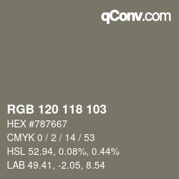 Color code: RGB 120 118 103 | qconv.com