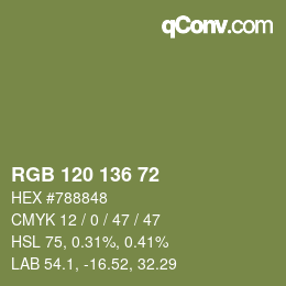 Color code: RGB 120 136 72 | qconv.com