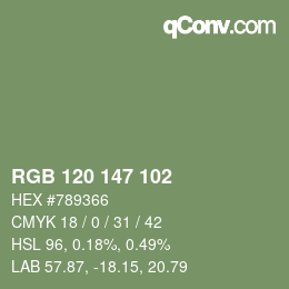 Color code: RGB 120 147 102 | qconv.com