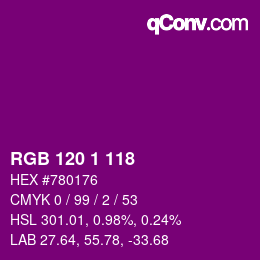 カラーコード: RGB 120 1 118 | qconv.com