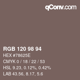 颜色代码: RGB 120 98 94 | qconv.com