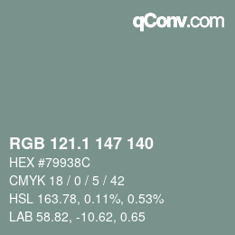 カラーコード: RGB 121.1 147 140 | qconv.com