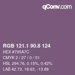 カラーコード: RGB 121.1 90.8 124 | qconv.com