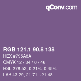 カラーコード: RGB 121.1 90.8 138 | qconv.com