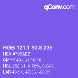 カラーコード: RGB 121.1 90.8 235 | qconv.com