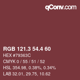 カラーコード: RGB 121.3 54.4 60 | qconv.com