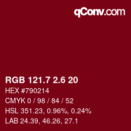 カラーコード: RGB 121.7 2.6 20 | qconv.com