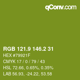 カラーコード: RGB 121.9 146.2 31 | qconv.com