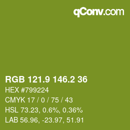 カラーコード: RGB 121.9 146.2 36 | qconv.com