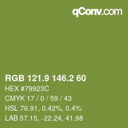 カラーコード: RGB 121.9 146.2 60 | qconv.com