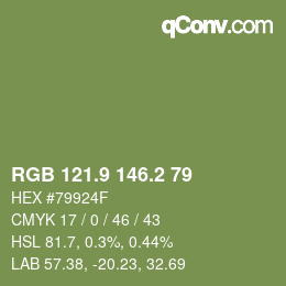 カラーコード: RGB 121.9 146.2 79 | qconv.com