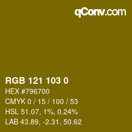 Color code: RGB 121 103 0 | qconv.com