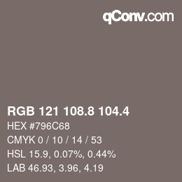 カラーコード: RGB 121 108.8 104.4 | qconv.com