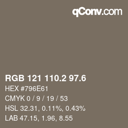 カラーコード: RGB 121 110.2 97.6 | qconv.com