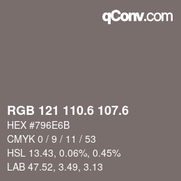 カラーコード: RGB 121 110.6 107.6 | qconv.com