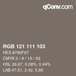 颜色代码: RGB 121 111 103 | qconv.com