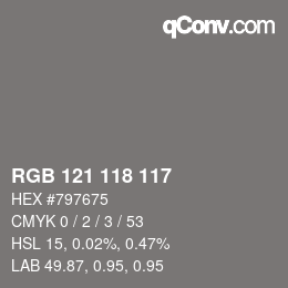 Color code: RGB 121 118 117 | qconv.com