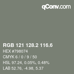 カラーコード: RGB 121 128.2 116.6 | qconv.com
