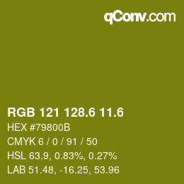 カラーコード: RGB 121 128.6 11.6 | qconv.com