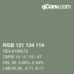 Color code: RGB 121 134 114 | qconv.com