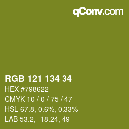 Color code: RGB 121 134 34 | qconv.com