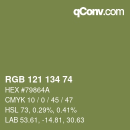Color code: RGB 121 134 74 | qconv.com
