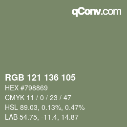 Color code: RGB 121 136 105 | qconv.com