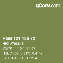 Color code: RGB 121 136 72 | qconv.com