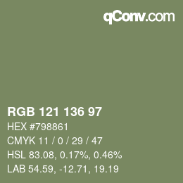 Color code: RGB 121 136 97 | qconv.com