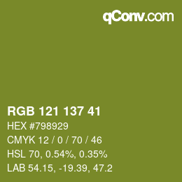 Color code: RGB 121 137 41 | qconv.com
