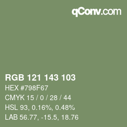 Color code: RGB 121 143 103 | qconv.com